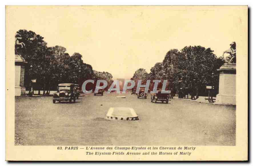 CPA Paris l'Avenue des Champs Elysees et les Chevaux de Marly 