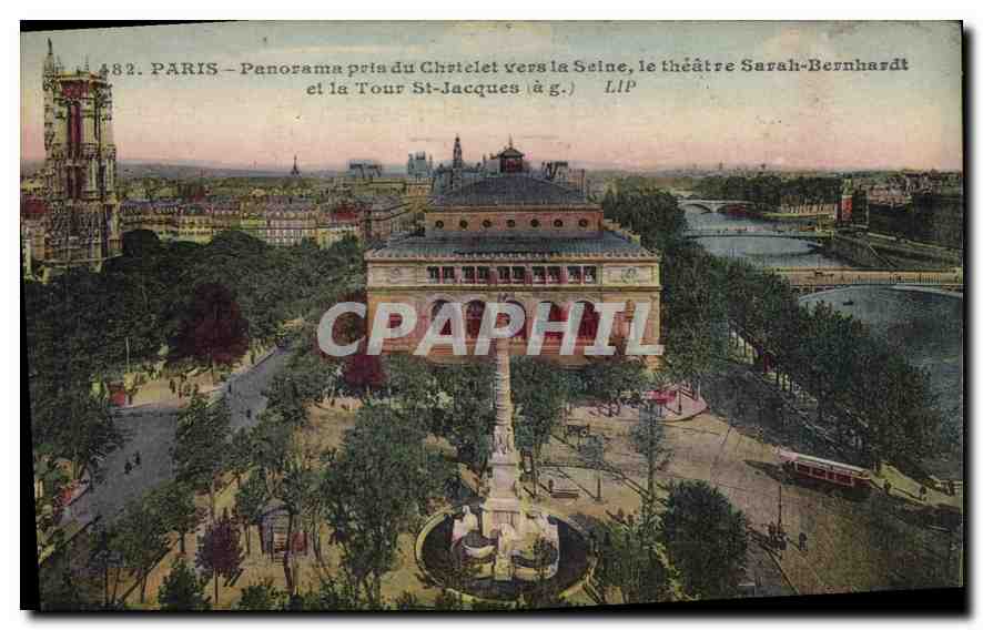 CPA Paris panorama pris du Chartelet vers la Seine le Theatre Sarah Bernhardt et la Tour St Jacques 