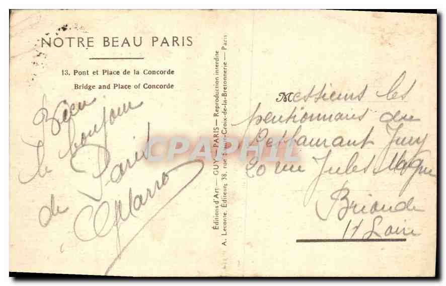 CPA Notre Beau Paris Pont et Place de la Concorde  — Rückseite