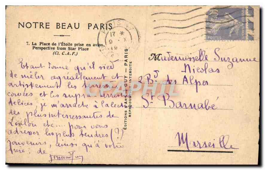 CPA Notre Beau Paris la Place de l'etoile prise en avion  — Rückseite