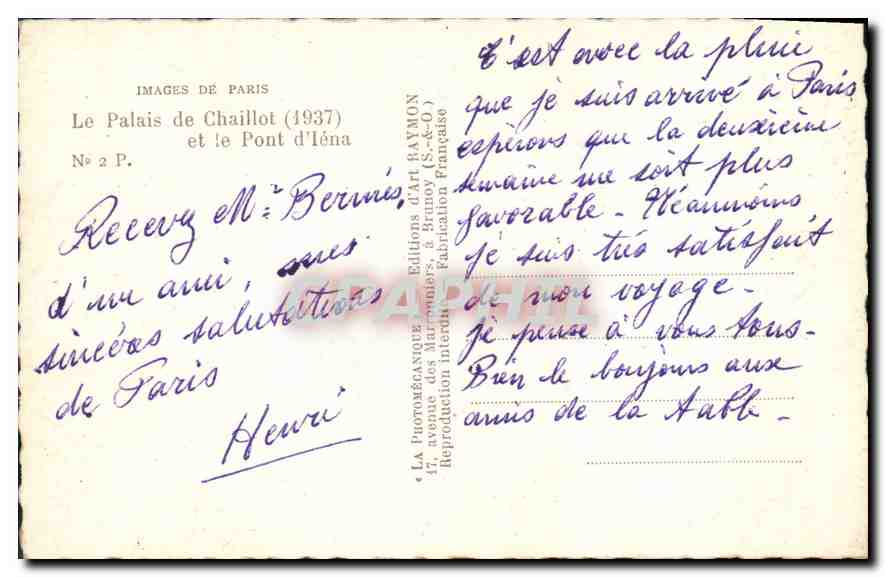 CPA Images de Paris Le Palais de Chaillot et le Pont d'Iena  — Rückseite