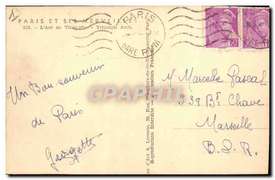 CPA Paris et ses Merveilles l'Arc de Triomphe  — Rückseite
