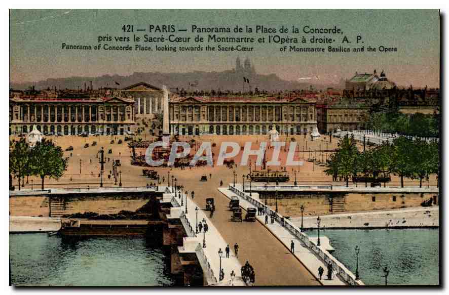 CPA Paris Panorama de la Place de la Concorde pris vers le Sacre Coeur de Montmartre et l'Opera a dr