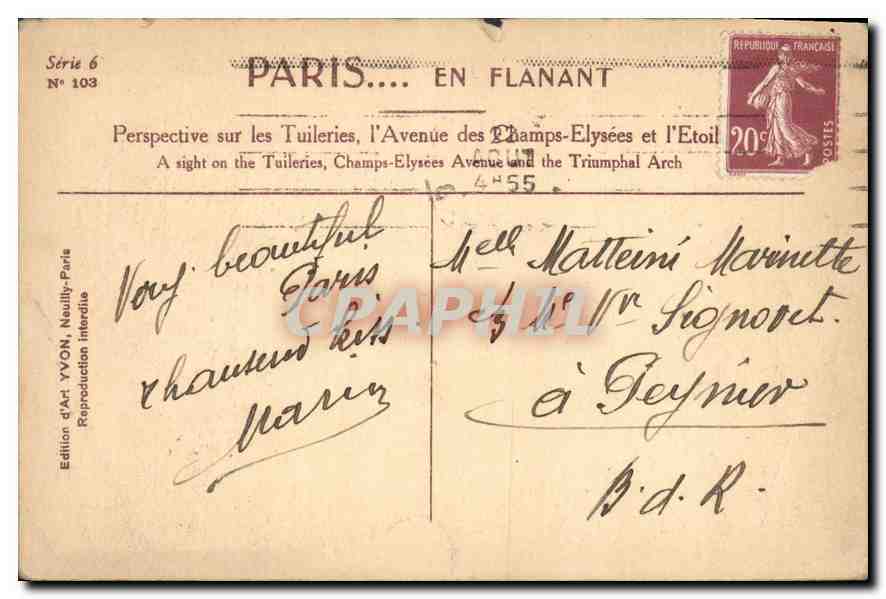 Paris... en Flanant — Perspective sur les Tuileries, l'Avenue des Champs-Élysées et l'Étoile — Édition d'Art YVON, Neuilly-Paris, Série 6 N° 103 — Reverso