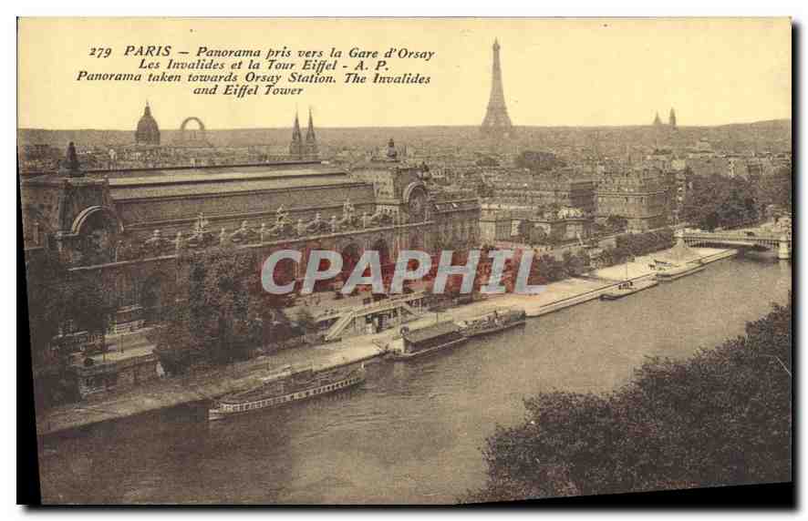CPA Paris Panorama pris vers la Gare d'Orsay les Invalides et la Tour Eiffel 
