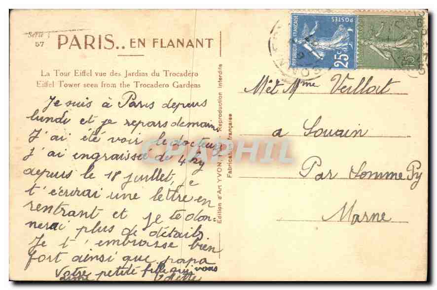 CPA Paris en Flanant la Tour Eiffel vue des Jardins du Trocadero Rhinoceros — Rückseite