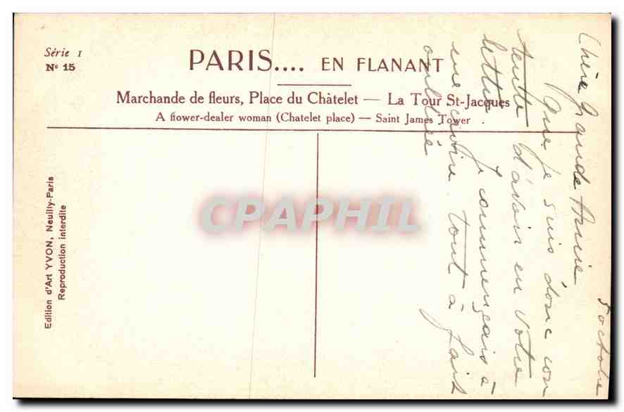 CPA Paris en Flanant Marchande de Fleurs Place du Chatelet la Tour St Jacques  — Rückseite