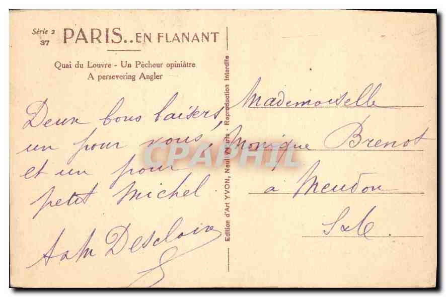 CPA Paris en Flanant Quai du Louvre un Pecheur opiniatre  — Rückseite