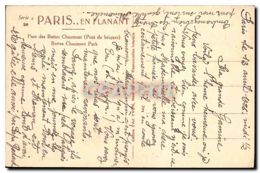 CPA Paris en flanant Parc des Buttes Chaumont Pont de briques  — Rückseite
