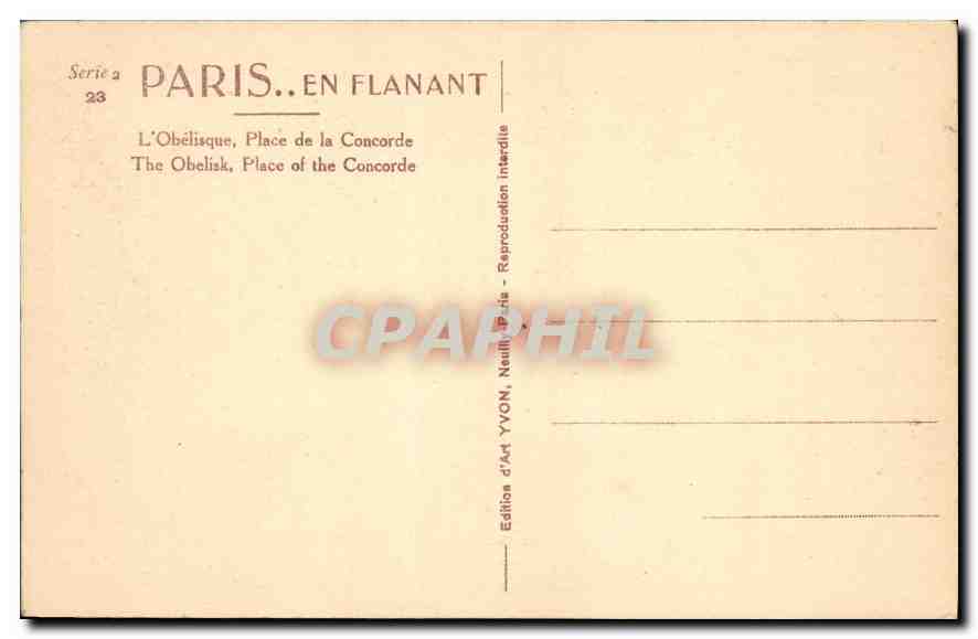 CPA Paris L'Obelisque Place de la Concorde  — Verso