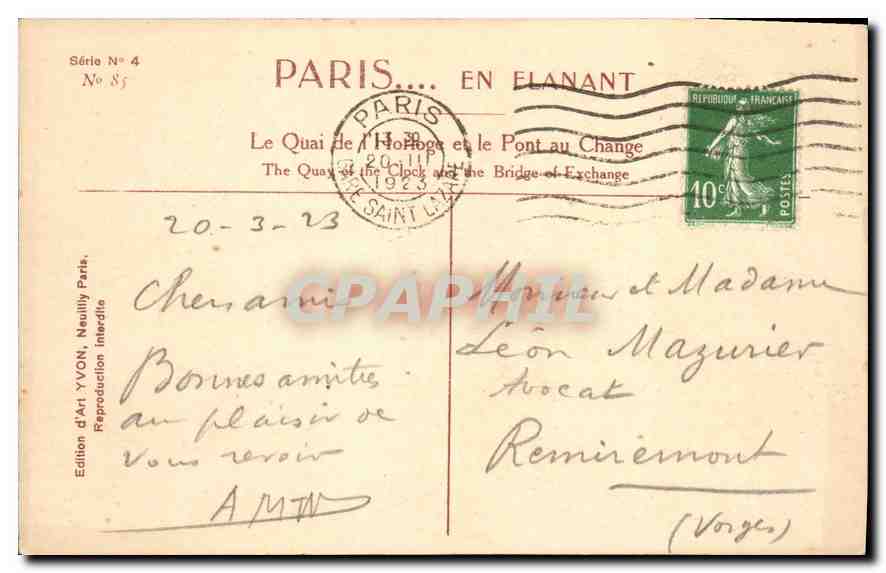 CPA Paris Le Quai de l'Horloge et le Pont au Change  — Rückseite