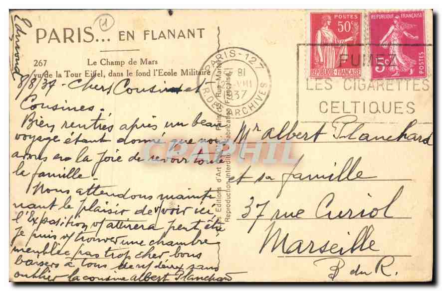 CPA Paris Le Champ de Mars vu de la Tour Eiffel dans le fond l'Ecole Militaire  — Rückseite
