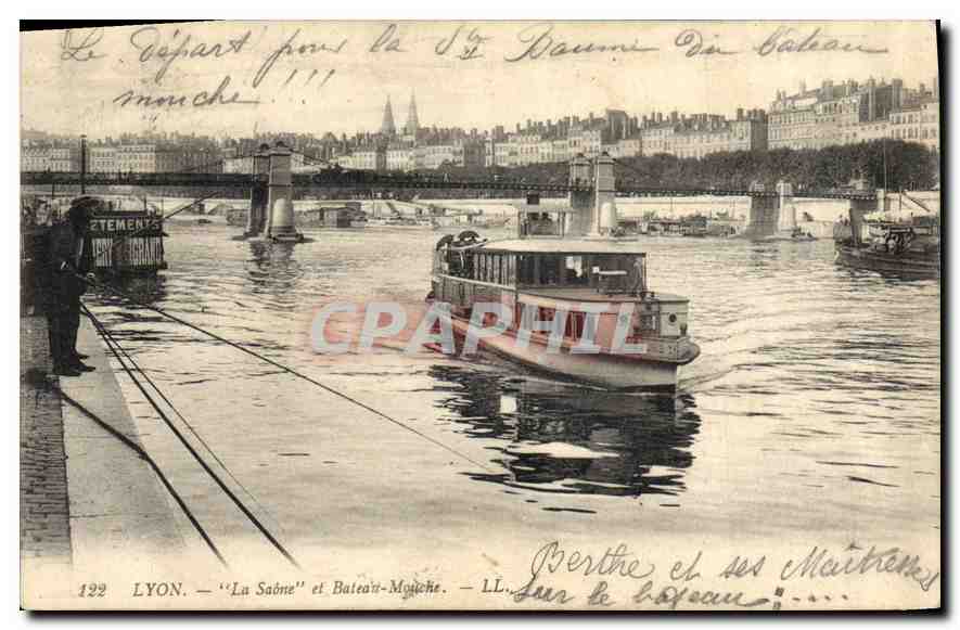CPA Lyon La Saone et Bateau Mouche Peche Pecheur