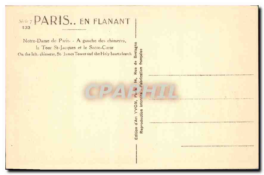 CPA Paris Notre Dame de Paris A gauche des chimeres la Tour St Jacques et le Sacre Coeur  — Verso