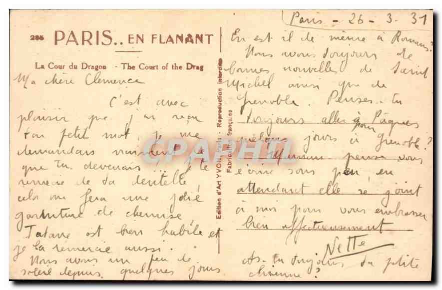 CPA Paris La Cour du Dragon Yacco — Rückseite