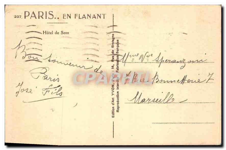CPA Paris Hotel de Sens  — Rückseite