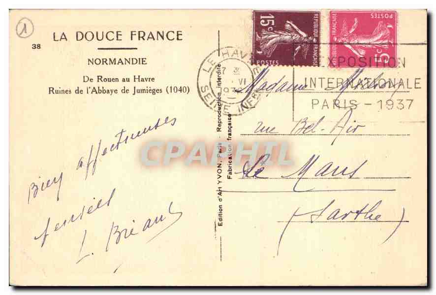 CPA Normandie De Rouen au Havre Ruine de l'Abbaye de Jumieges  — Verso