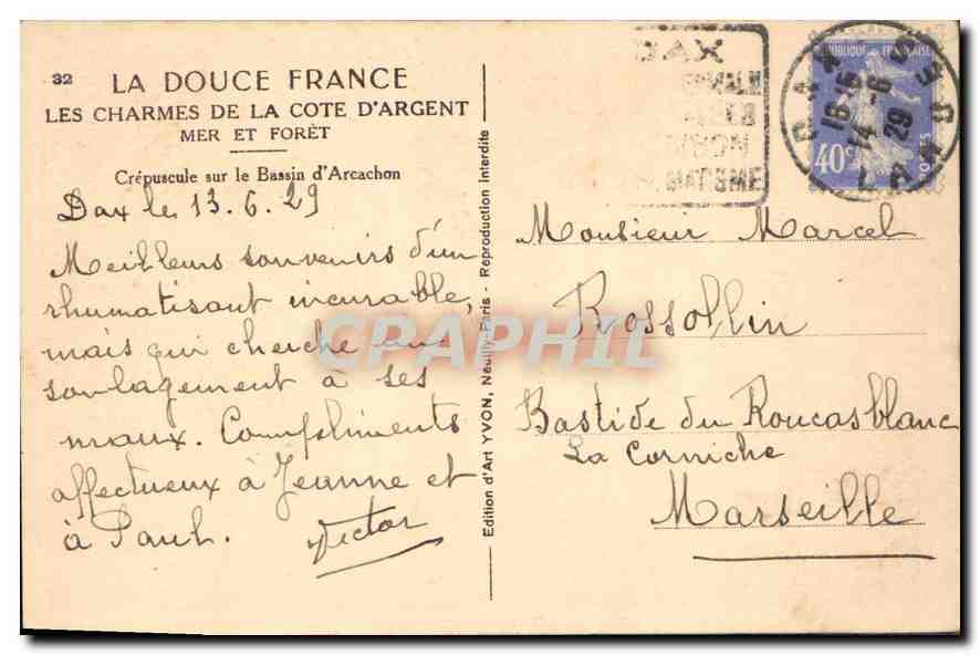 Crépuscule sur le Bassin d'Arcachon — La Douce France — Édition d'Art YVON, n°32 — Verso