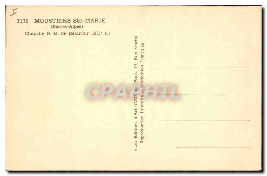 CPA Moustiers Ste Marie Basses Alpes Chapelle ND de Beauvoir  — Verso