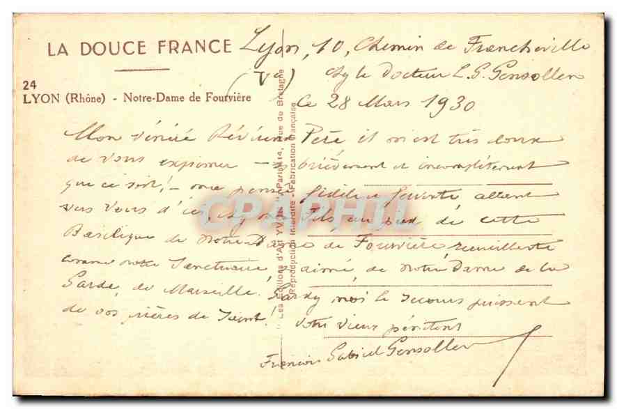 CPA Lyon Rhone Notre Dame de Fourviere  — Rückseite