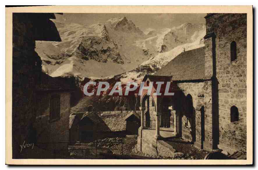 Les Alpes — La Meije (3987 m.) vue des Terrasses — église romane du village — Yvon