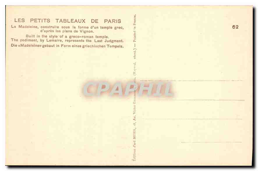 CPA Les Petits Tableaux de Paris La Madeleine construite sous la forme d'un temple grec d'apres les  — Verso