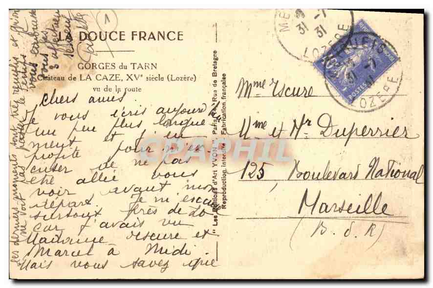 CPA Gorges du Tarn Chateau de La Caze XV siecle Lozere vu de la route  — Rückseite