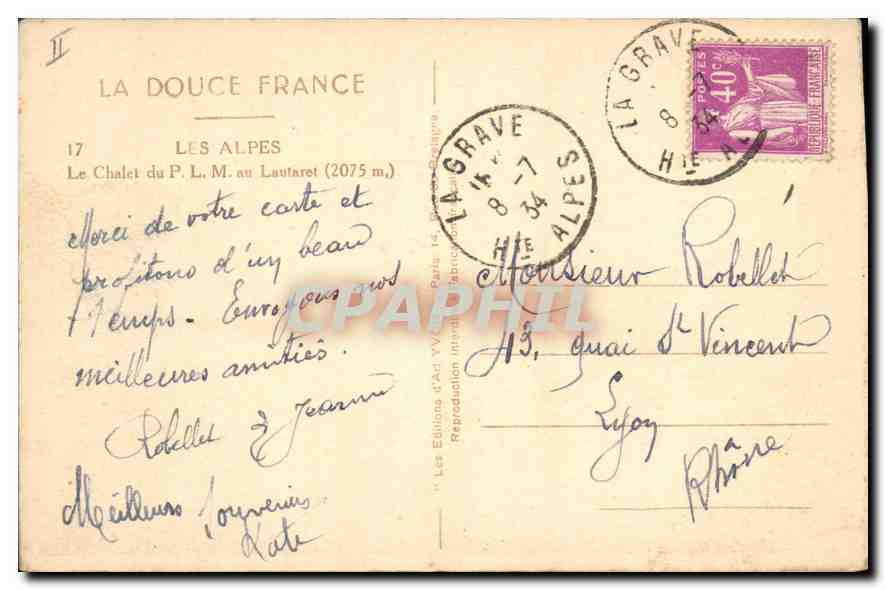 Le Chalet du P.L.M. au Lautaret — Les Alpes — Édition Yvon — Rückseite