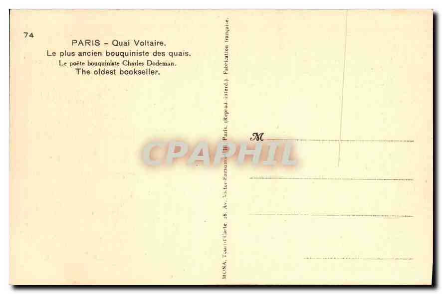CPA Paris Quai Voltaire Le Plus ancien bouquiniste des quais Le poete bouquiniste Charles Dodeman  — Rückseite