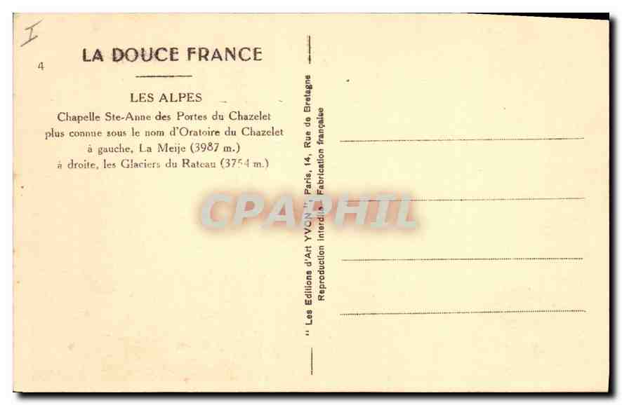 Les Alpes — Chapelle Ste-Anne des Portes du Chazelet et glaciers du Ratcau — Éditions d'Art Yvon, Paris — Verso