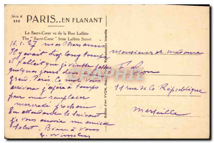 CPA Paris Le Sacre Coeur vu de la Rue Laffitte  — Rückseite