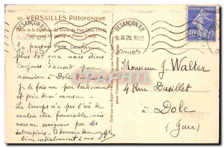Salle de la Table de la Signature du Traité de Paix — Versailles — Éditeur Yvon, n°17 — Rückseite