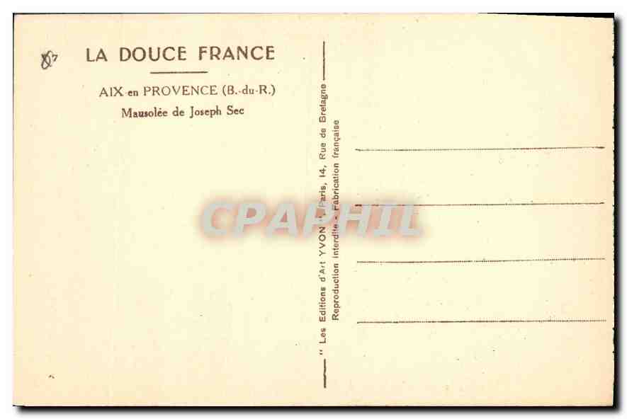 Mausolée de Joseph Sec — Aix-en-Provence — Éditions d'Art Yvon — Verso