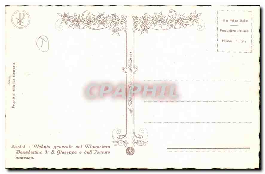 CPA Assisi Veouta generale oel Monastero Benedettino di S Gluseppe a oell Istituto annesso  — Rückseite