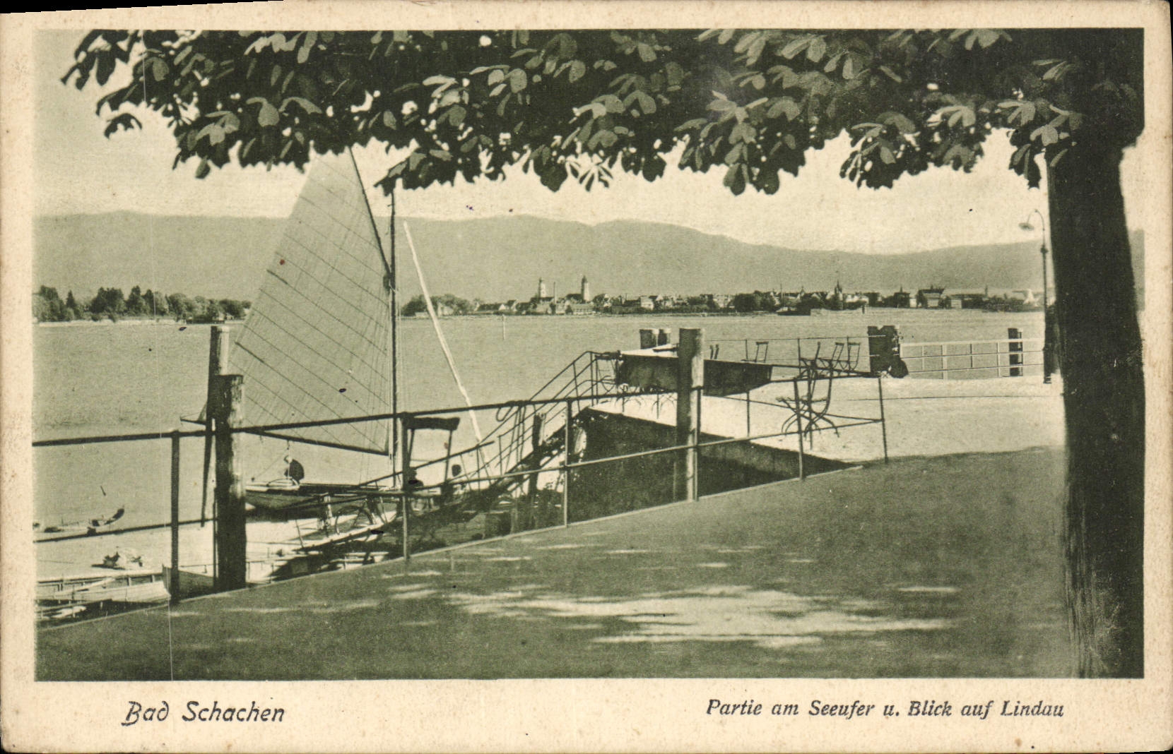 CPA Bad Schachen Partie am Seeufer u Blick auf Lindau 