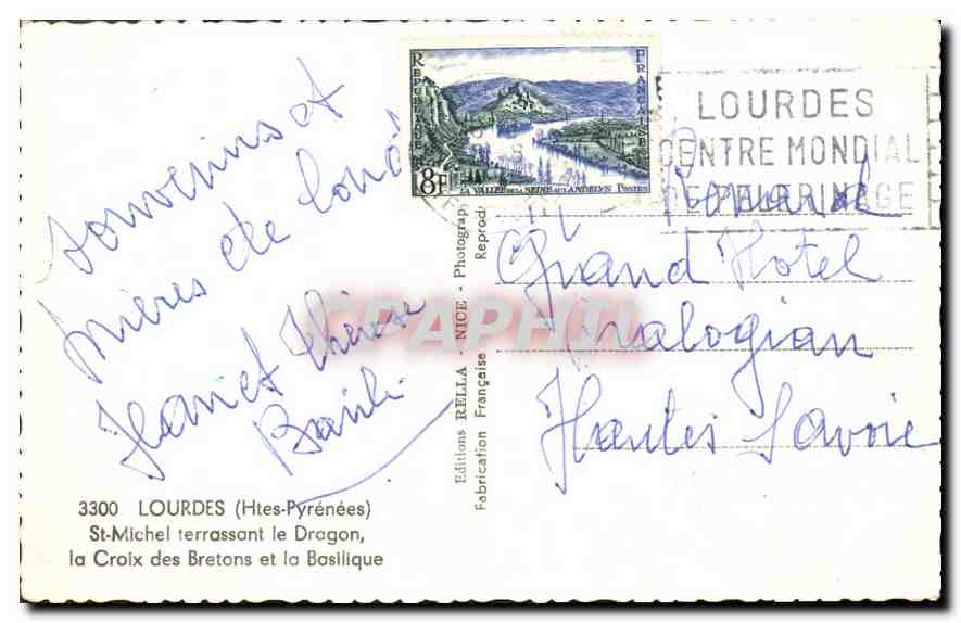 CPA Lourdes Htes Pyrenees St Michel terrassant le Dragon la Croix des Bretons et la Basilique  — Verso