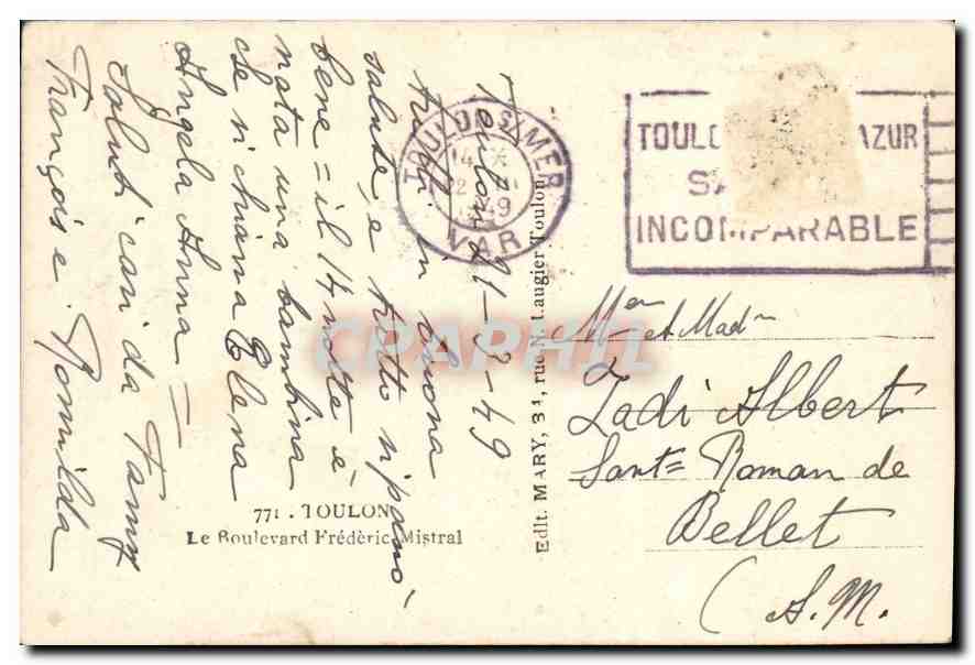CPA Toulon Le Boulevard Frederic Mistral  — Verso
