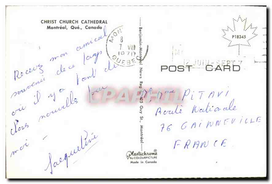 CPA Christ Church Cathedral Montreal Que Canada  — Verso