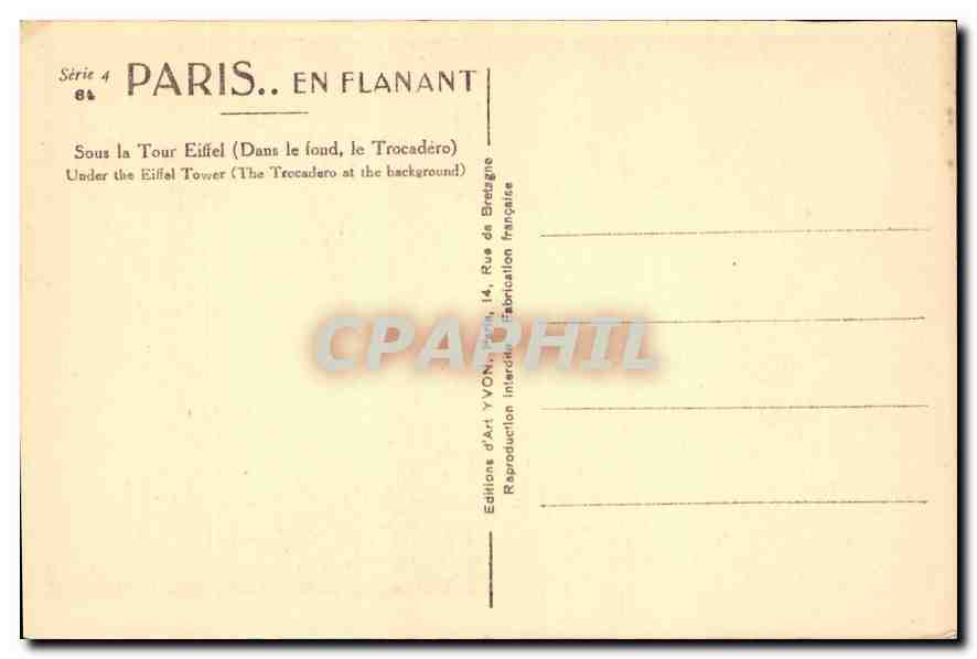 CPA Paris Sous la Tour Eiffel Dans le fond le Trocadero  — Rückseite