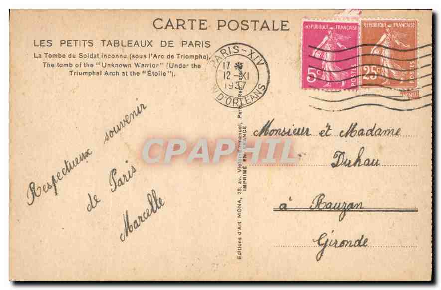 CPA Paris La Tombe du Soldat inconnu  — Rückseite