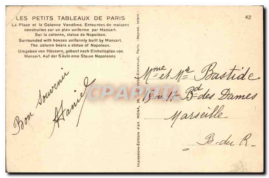CPA Paris La Place et la Colone Vendome  — Rückseite
