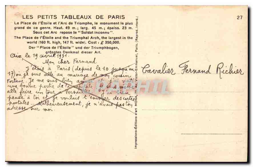 CPA Paris Le Place de l'Etoile et l'Arc de Triomphe  — Rückseite
