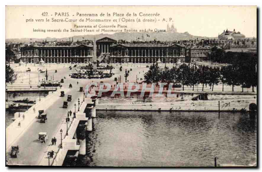CPA Paris Panorama de la Place de la concorde pris vers le Sacre Coeur de Montmartre et l'Opera a dr