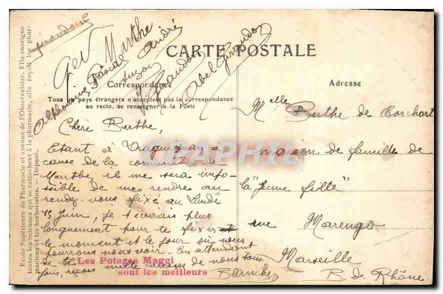 CPA Paris Ecole Superieure de Pharmacie et Avenue de l'Observatoire  — Rückseite