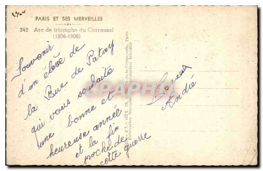 CPA Paris et ses Merveilles Arc de Triomphe du Carrousel 1806 1808  — Rückseite