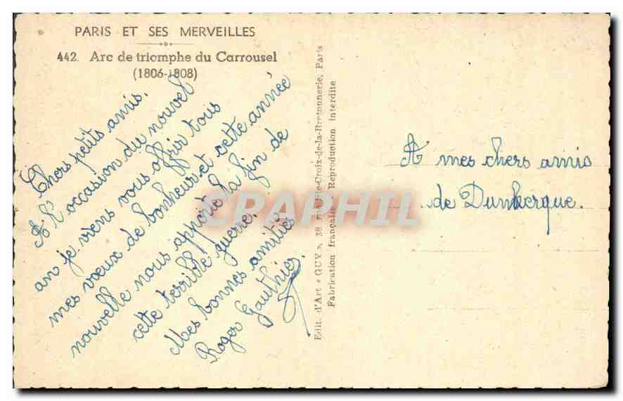 CPA Paris et ses Merveilles Arc de Triomphe du Carrousel 1806 1808  — Rückseite