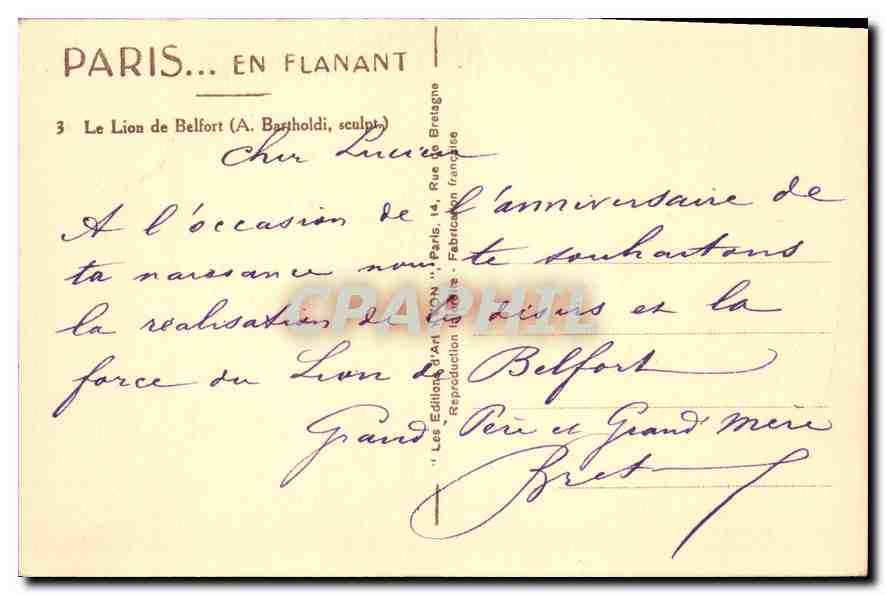 CPA Paris en flanant le Lion de Belfort a Bartholdi sculpt  — Verso