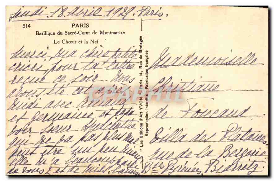 Basilique du Sacré-Cœur de Montmartre — Le Chœur et la Nef — Éditions d'Art Yvon — Verso