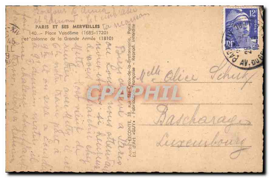 CPA Paris et ses Merveilles Place Vendome et colonne de la Grande Armee  — Rückseite