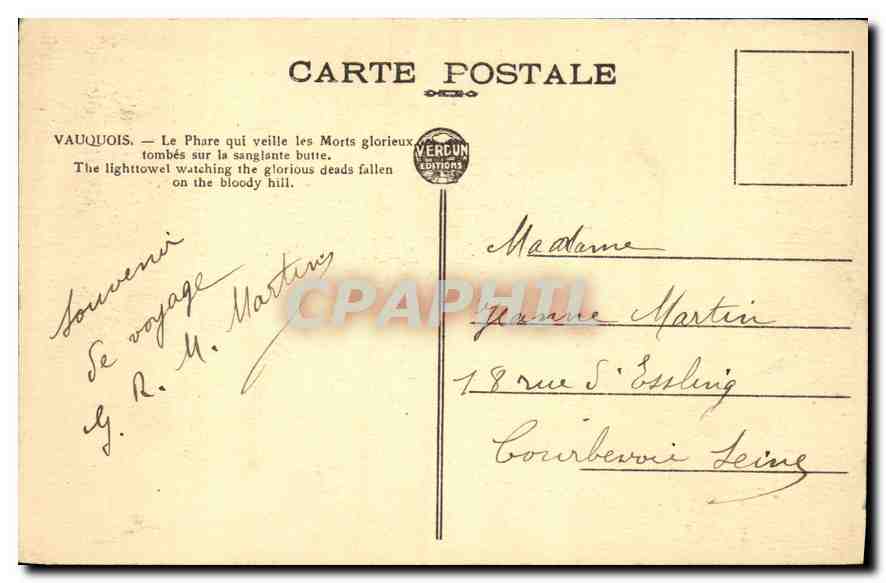 CPA Vauquois le Phare qui Veille les Morts Glorieux tombes sur la sanglante Butte  — Rückseite